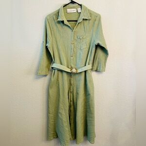Brownstone Studio Vintage Sage Green Button Down Gauzy Cotton Belted Midi Dress